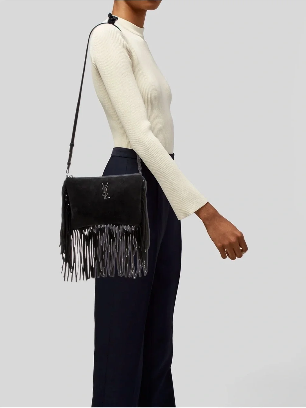 Yves Saint Laurent Black Suede Fringe Crossbody with Silver YSL Emblem - Picture 3 of 6